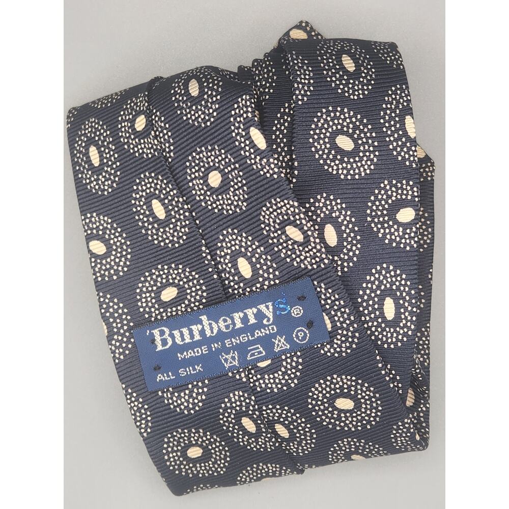 Rare BURBERRYS Silk Tie Navy Blue Ivory Geometric Dot UNIQUE Original Label VTG